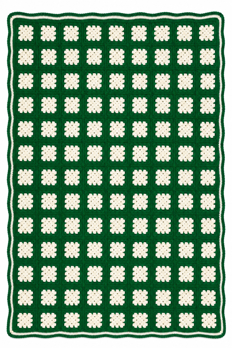 Vintage Granny Square Rectangle Afghan Hand Crochet Green Throw Blanket 72x49